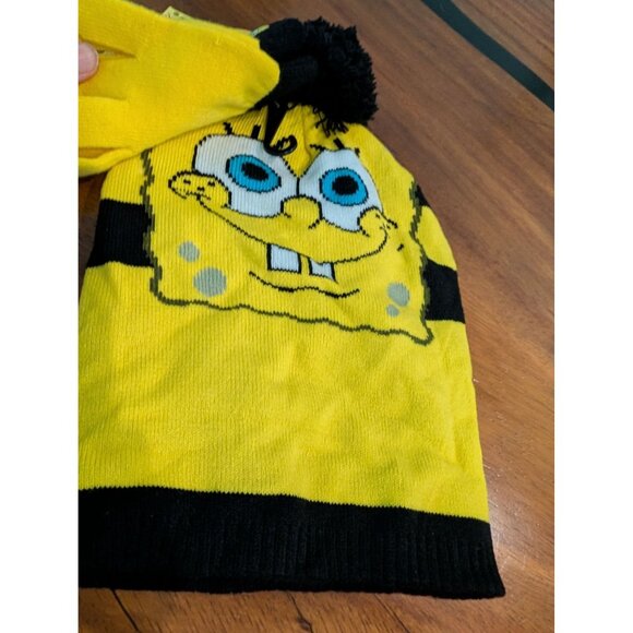 SpongeBob Kids Beanie & Glove Set o\s  Yellow/Black Knit Winter Hat With Pom - Picture 4 of 5